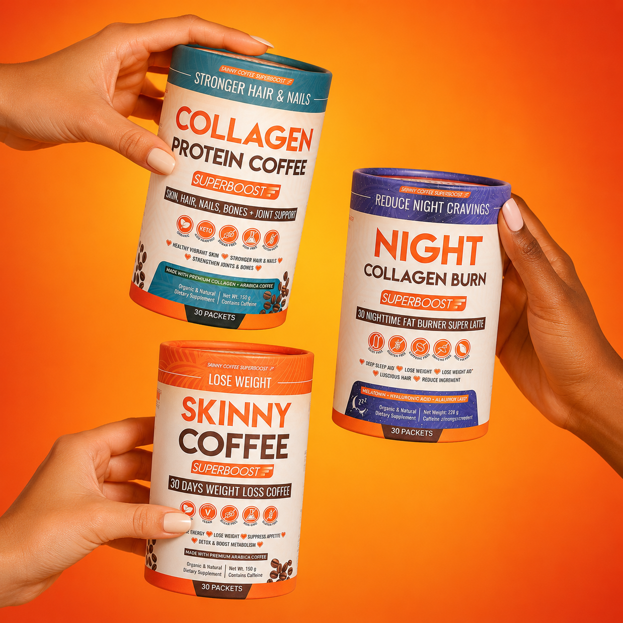 Three hands hold different containers of Skinny Coffee Superboost products against a bright orange and yellow background.