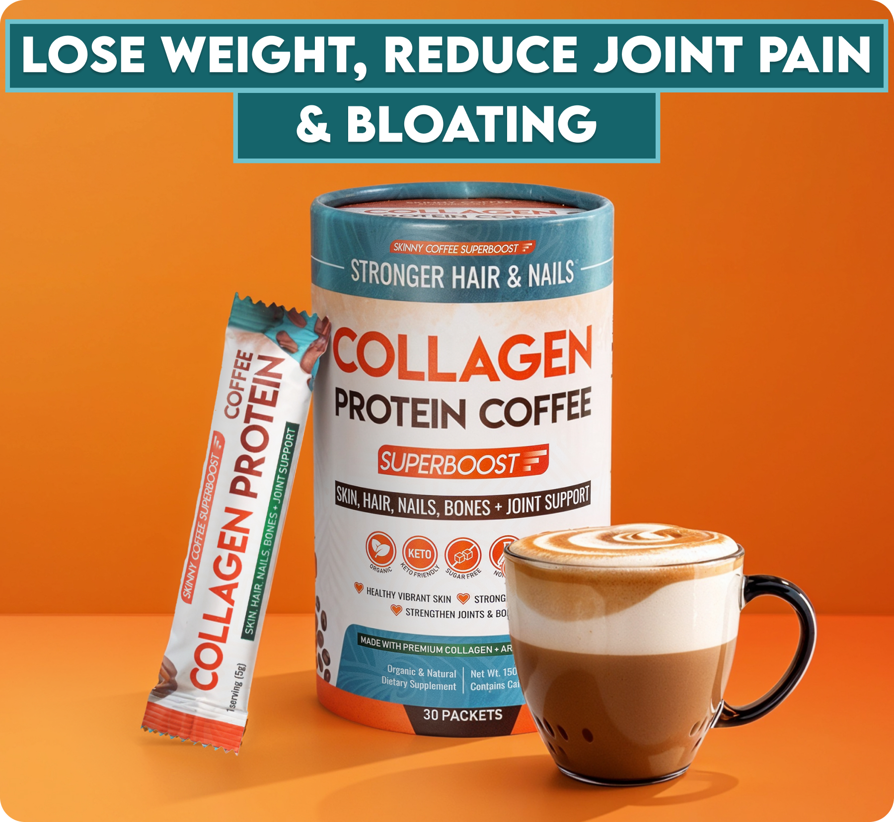 Skinny Coffee with Two FREE Sachets of Collagen Protein Coffee, a blend of cappuccino, coconut, turmeric, cinnamon stick, ginger, and mint.