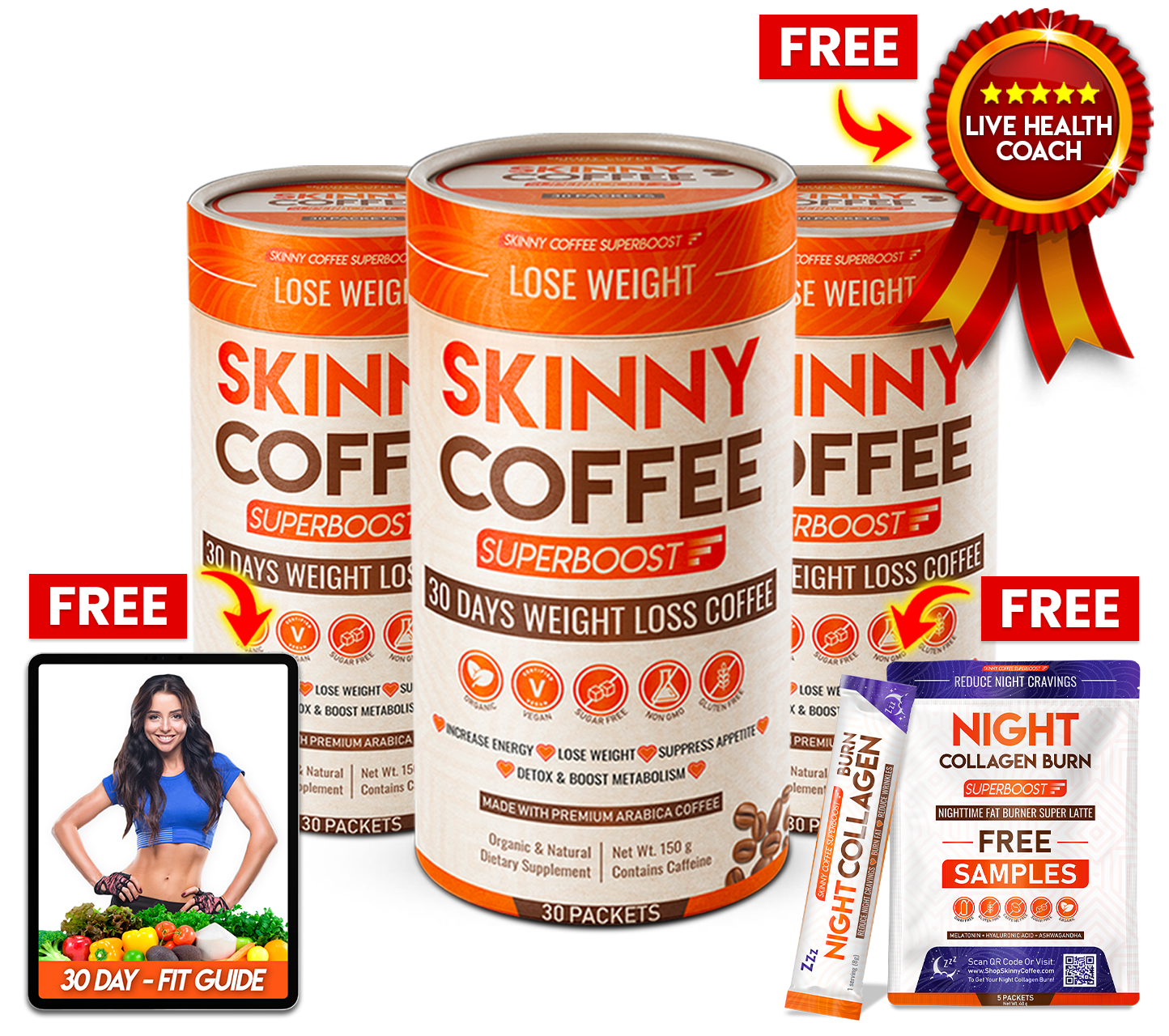 Three Skinny Coffee cans with free samples and a fitness guide.