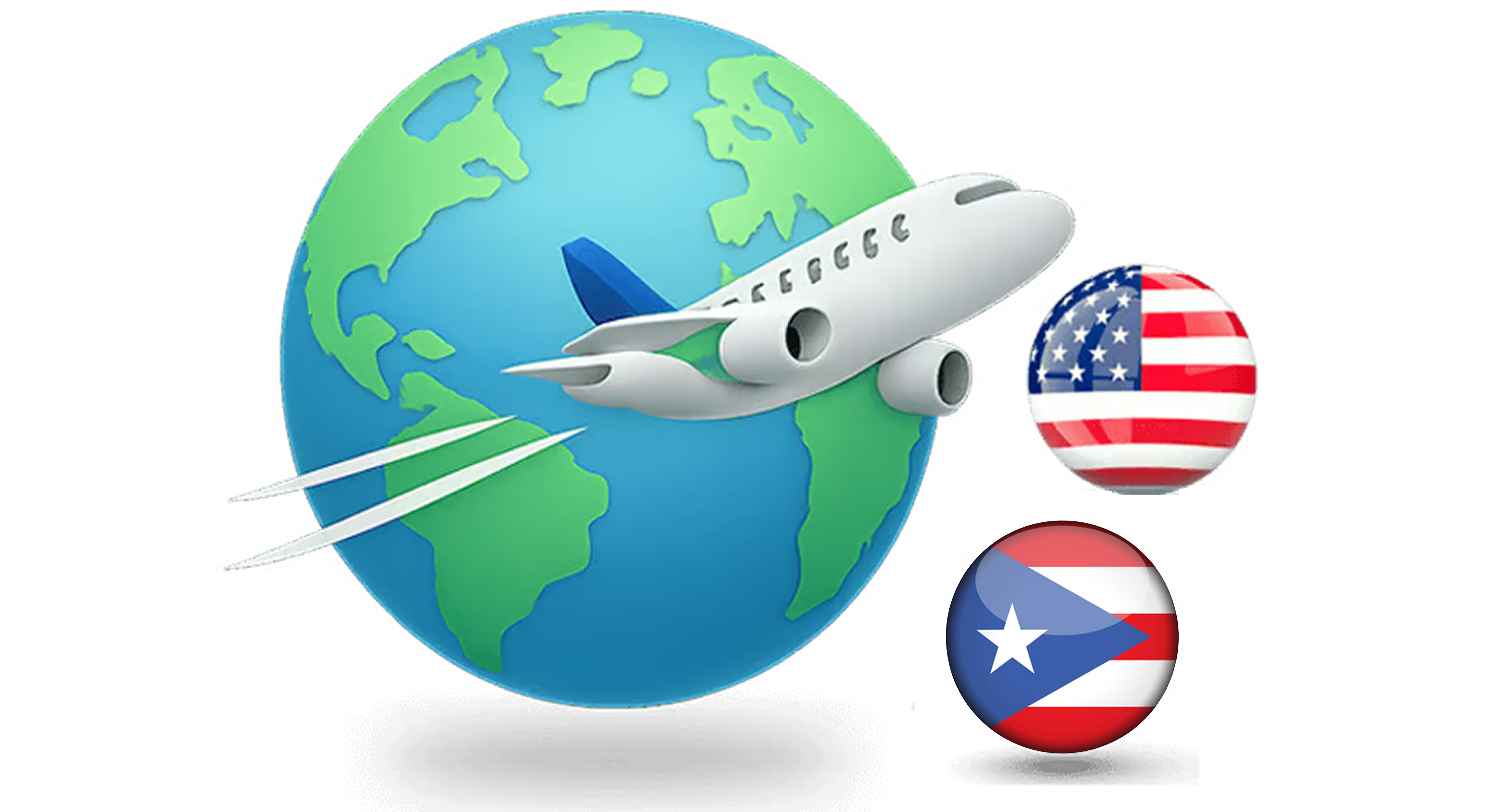 El logotipo de USPS, un avión y las banderas de Estados Unidos y Puerto Rico.