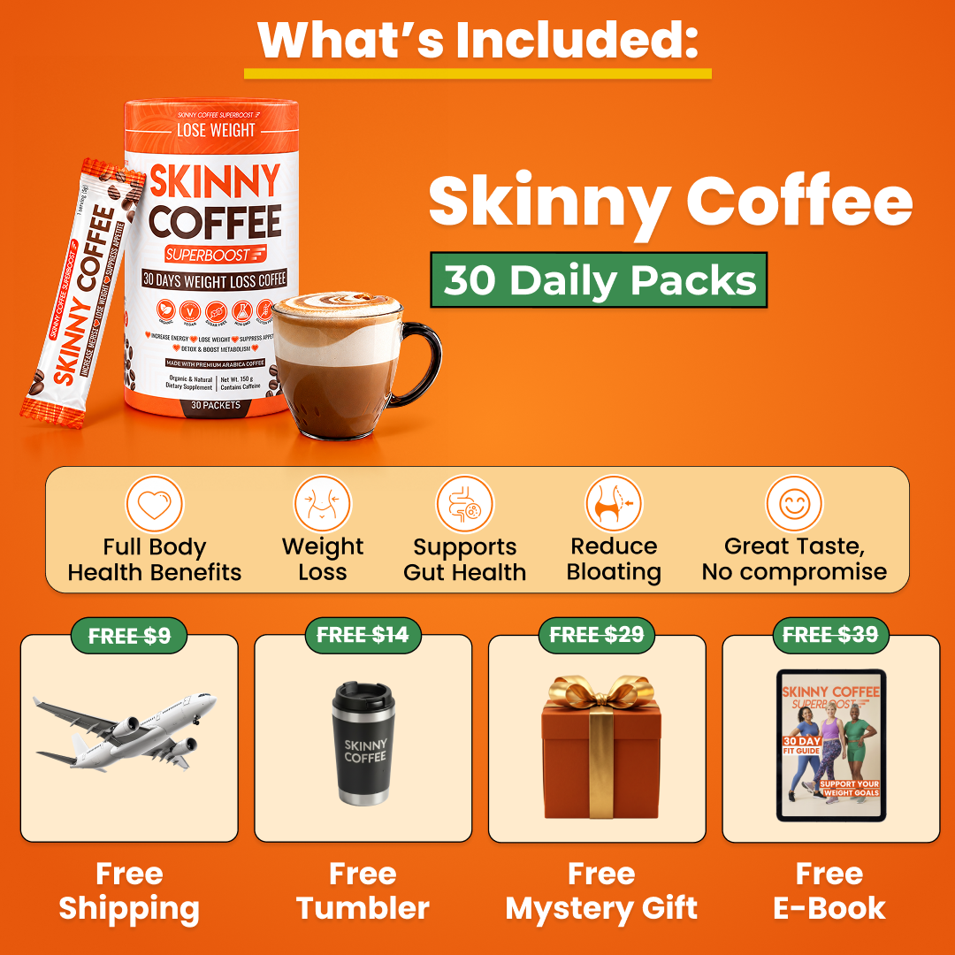An advertisement for Skinny Coffee showing the product, its benefits, and included free items like a tumbler and e-book.