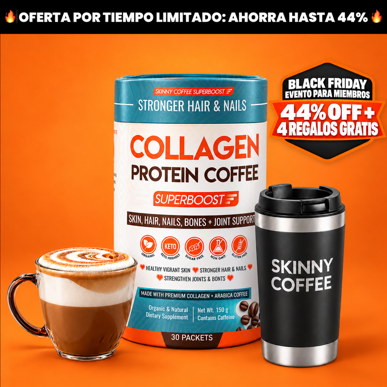A container of Collagen Protein Coffee next to a branded travel mug and a prepared cup of coffee.