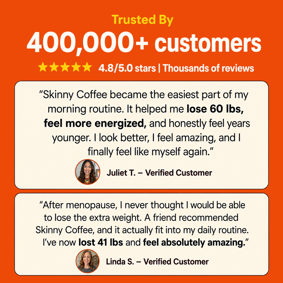 An advertisement featuring two customer testimonials for 'Skinny Coffee' with photos of the women.