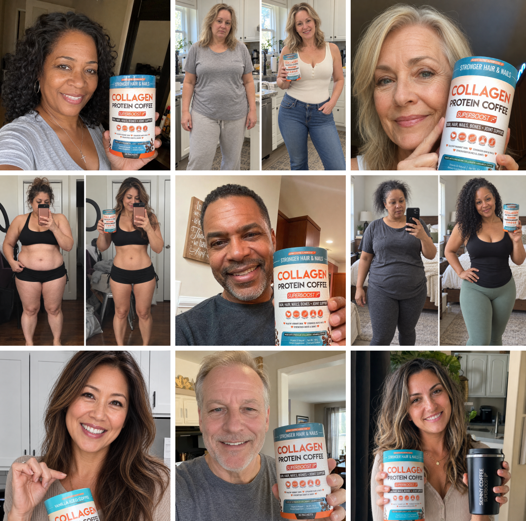 A collage of diverse people and before-and-after photos, with many holding a collagen coffee product.