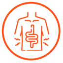 A circular orange icon showing a line drawing of a human torso with intestines.