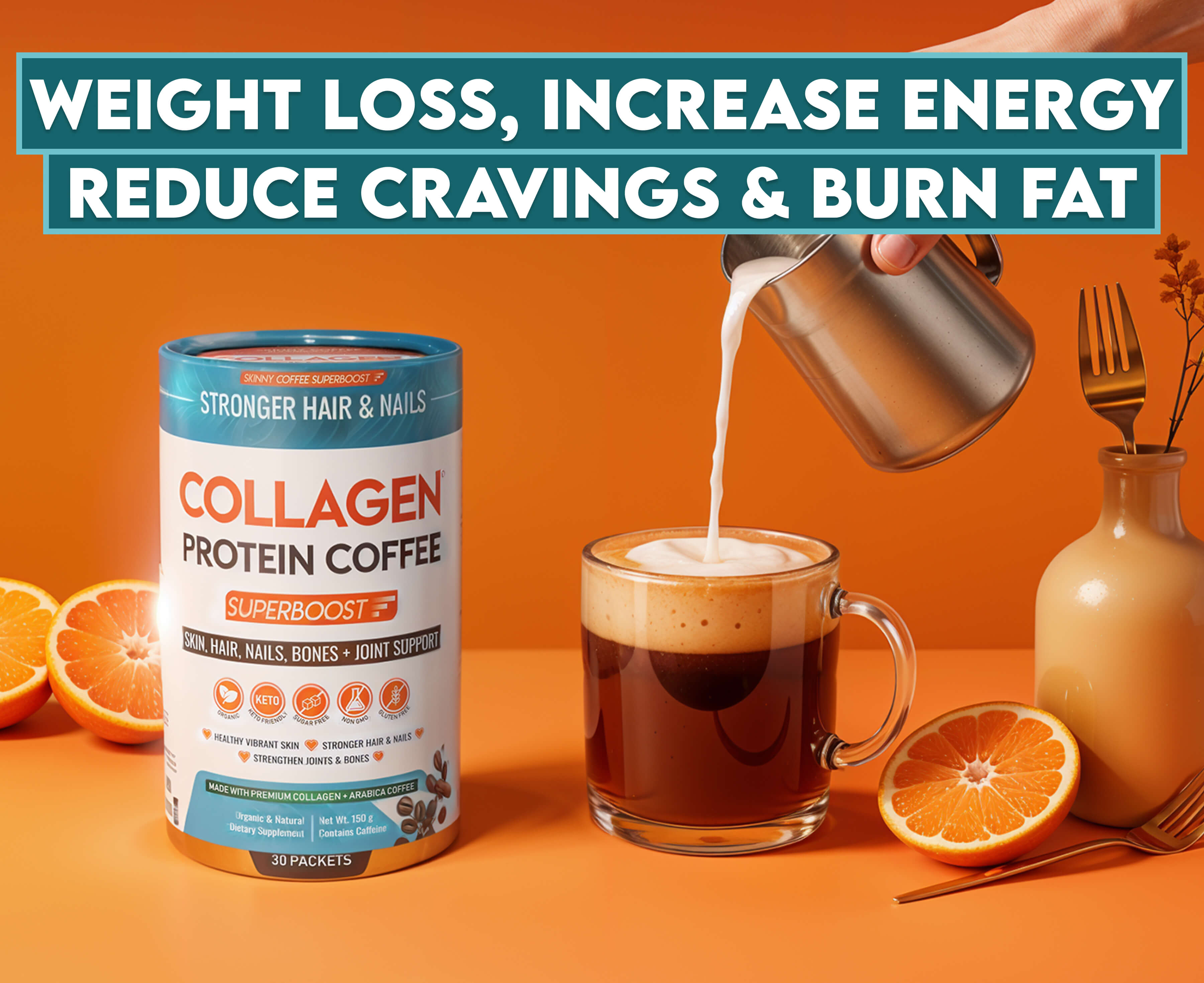 Collagen Protein Coffee con 2 Sachets, un Capuchino al Costado, Jengibre, Canela, Cúrcuma y Menta detrás.s