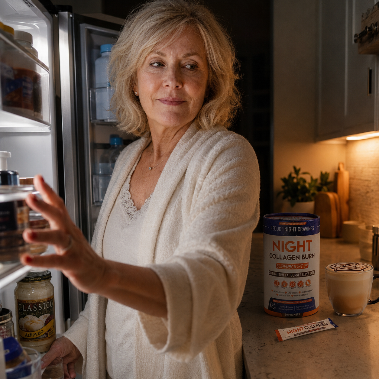 A woman in a robe looks into her refrigerator at night with a Night Collagen Burn container nearby.
