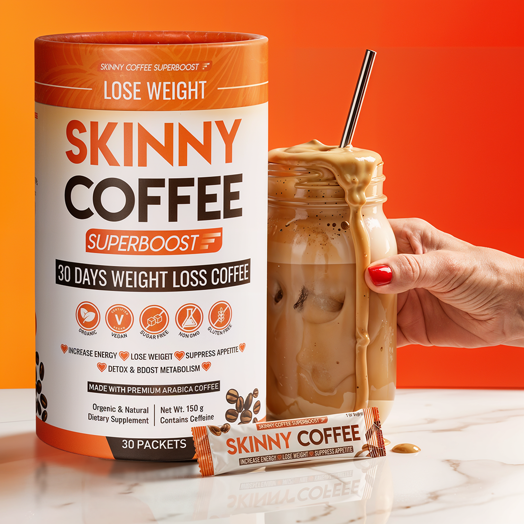 A container of Skinny Coffee Superboost next to a hand holding a glass of iced coffee.