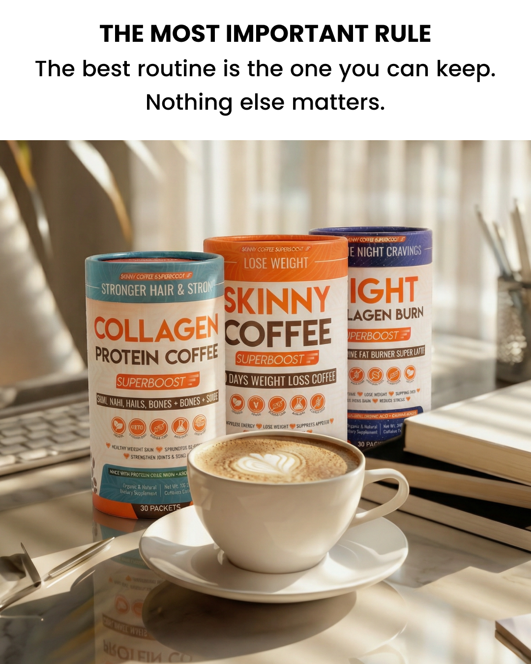 A cup of coffee with latte art on a desk in front of three cylindrical containers of coffee products.