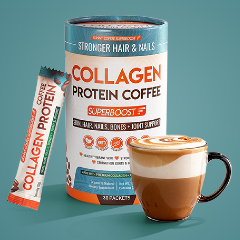 A container and packet of Collagen Protein Coffee stand next to a freshly prepared mug of coffee.