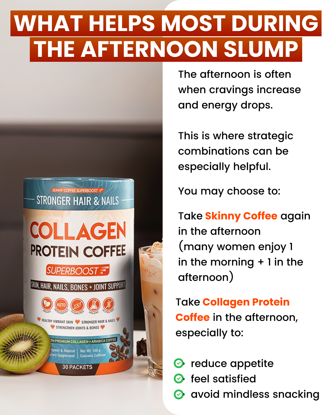 An advertisement for Collagen Protein Coffee, showing the container next to a prepared drink and a sliced kiwi.