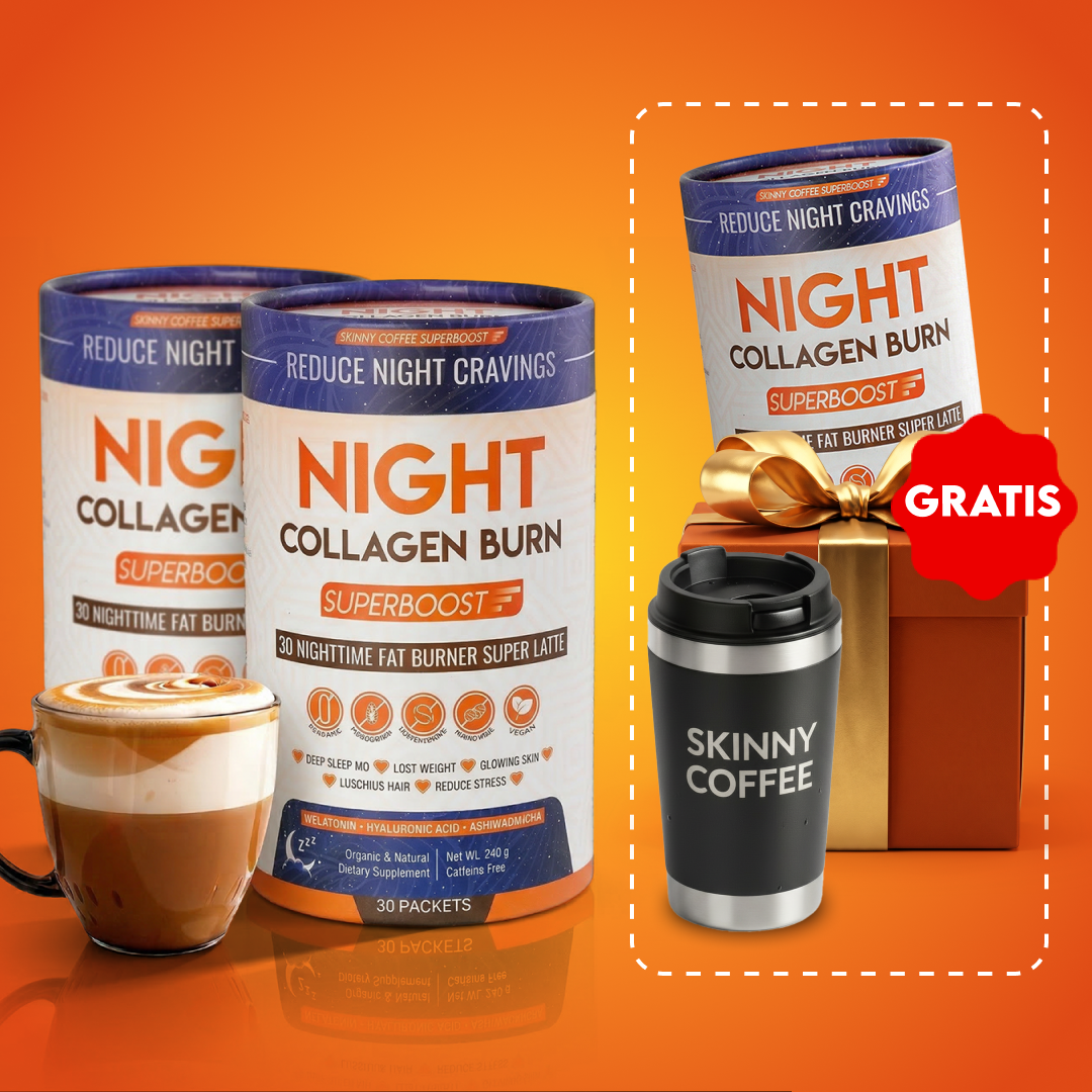 An advertisement for Skinny Coffee's Night Collagen Burn, showing canisters, a prepared latte, and a free gift.