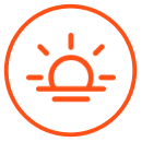 An orange circular icon depicting a sun rising or setting over the horizon.