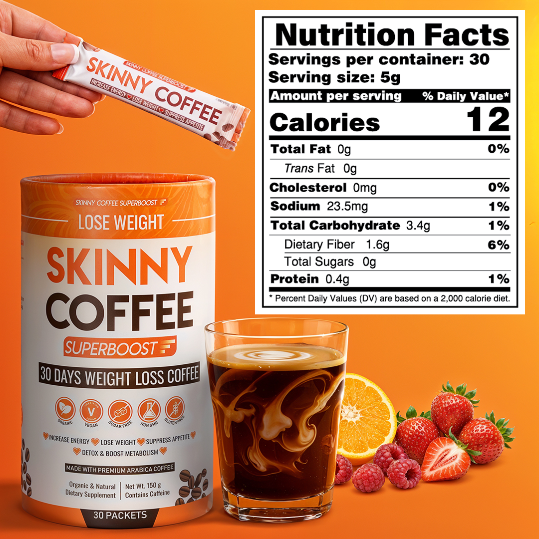 Skinny Coffee Superboost packaging, a prepared glass, fresh fruit, and the product's nutrition facts label.