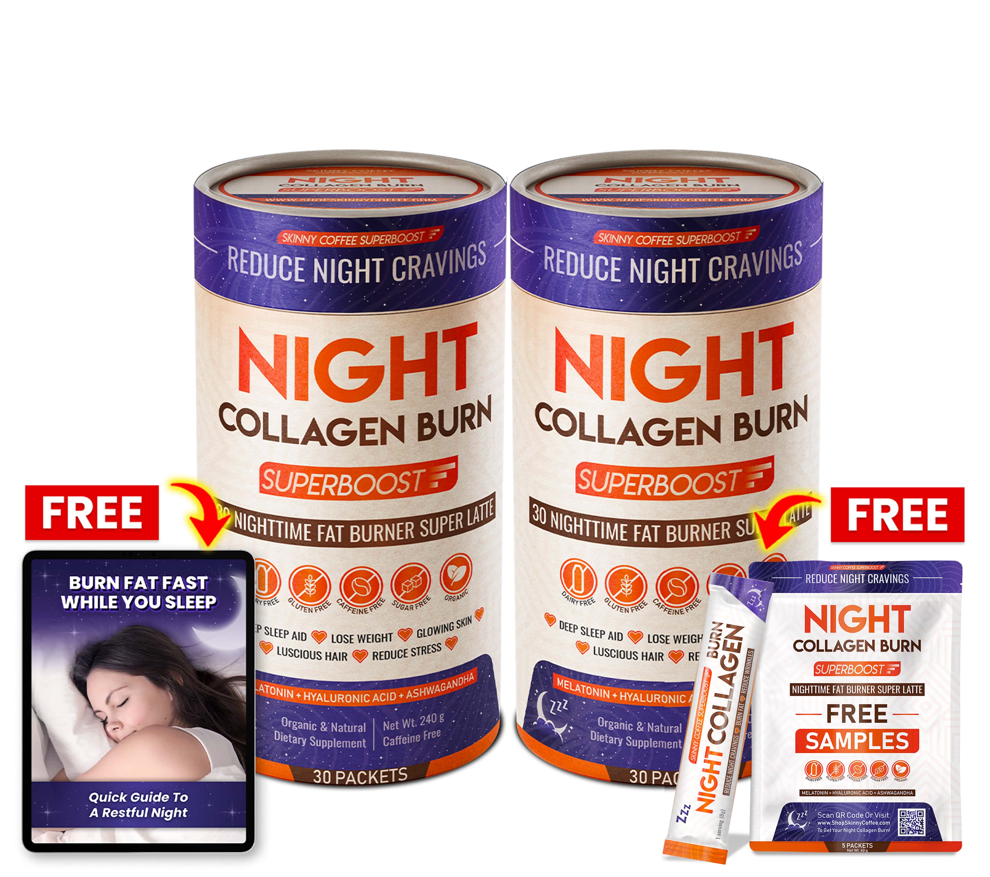 Two cans of Night Collagen Burn with free samples and a guide.