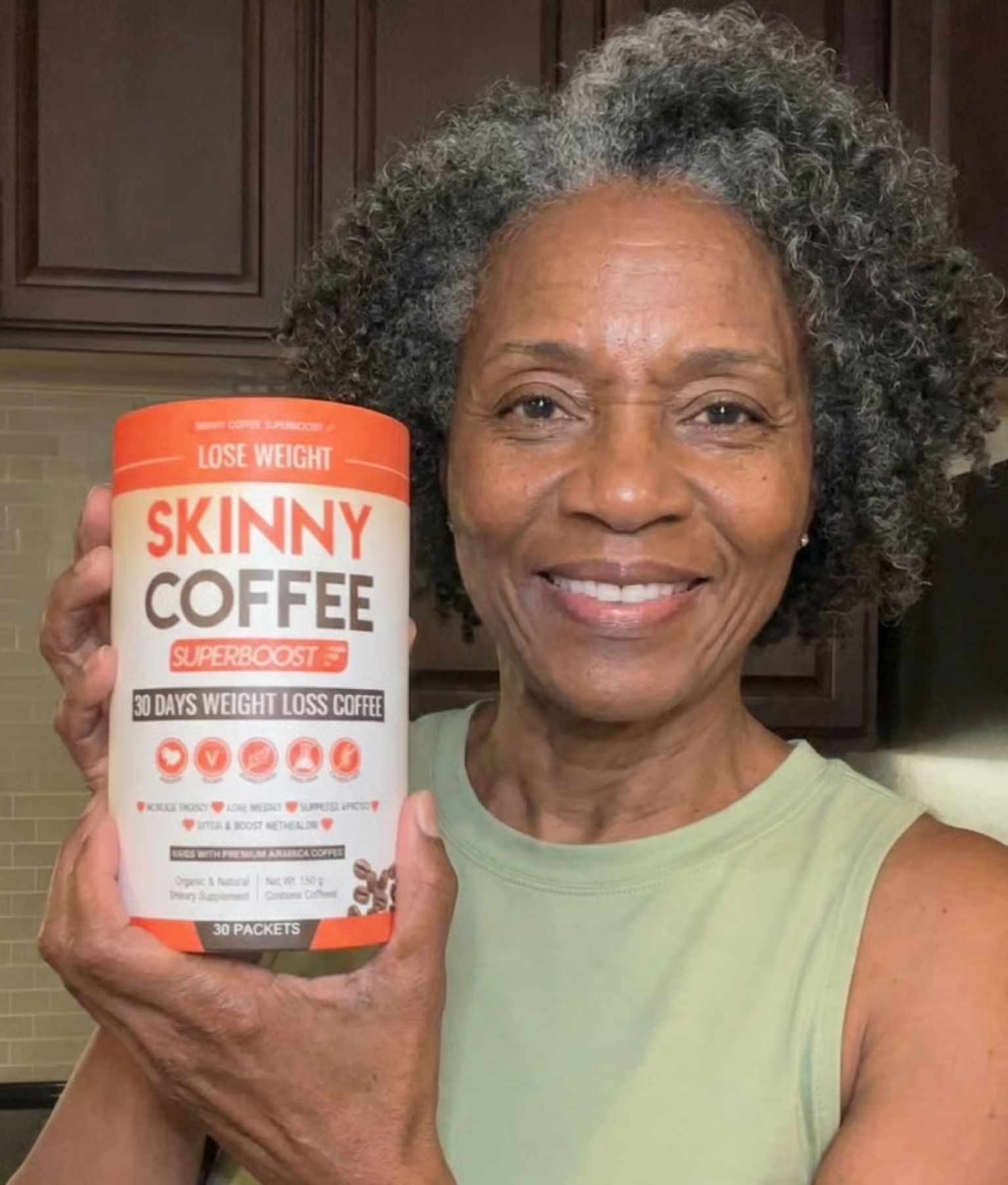 Face of African American woman with Skinny Coffee.