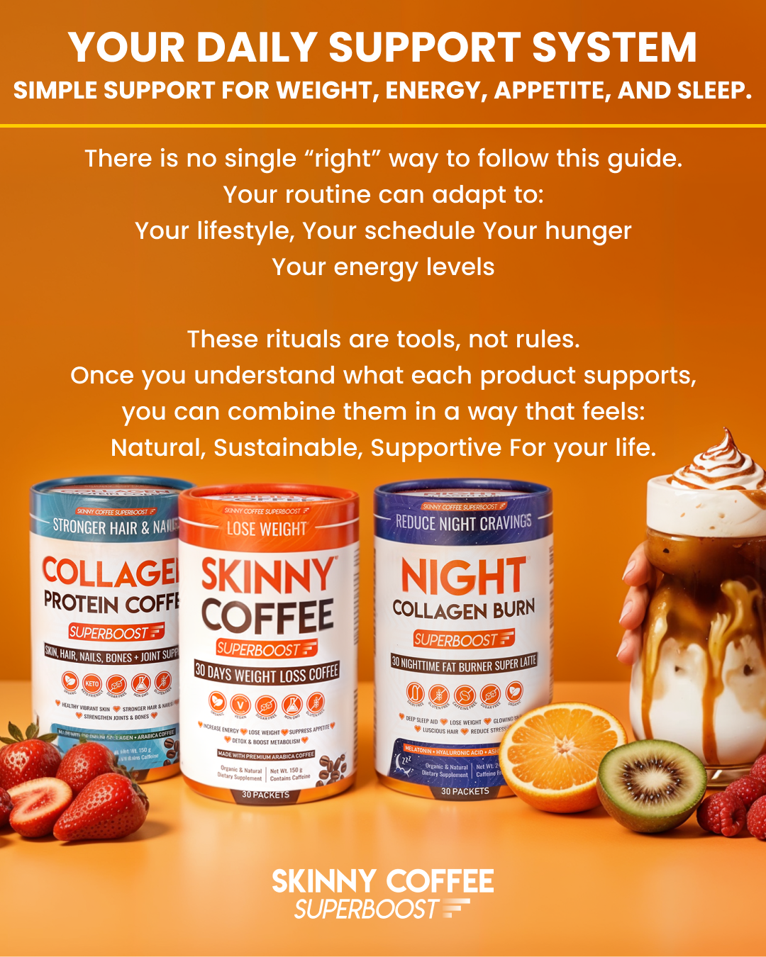 Three Skinny Coffee Superboost products are displayed with fresh fruit and a glass of iced coffee.