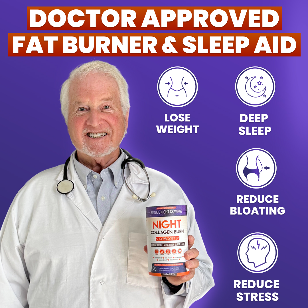 An advertisement showing a smiling doctor holding a container of 'Night Collagen Burn' dietary supplement.