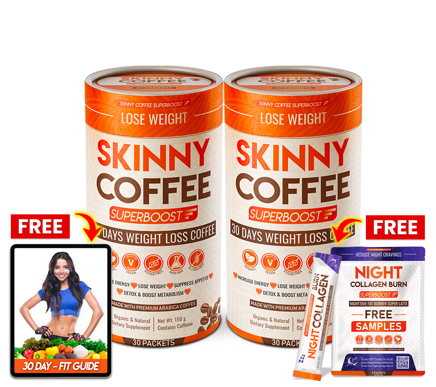 Two Skinny Coffee cans with free samples and a fitness guide.