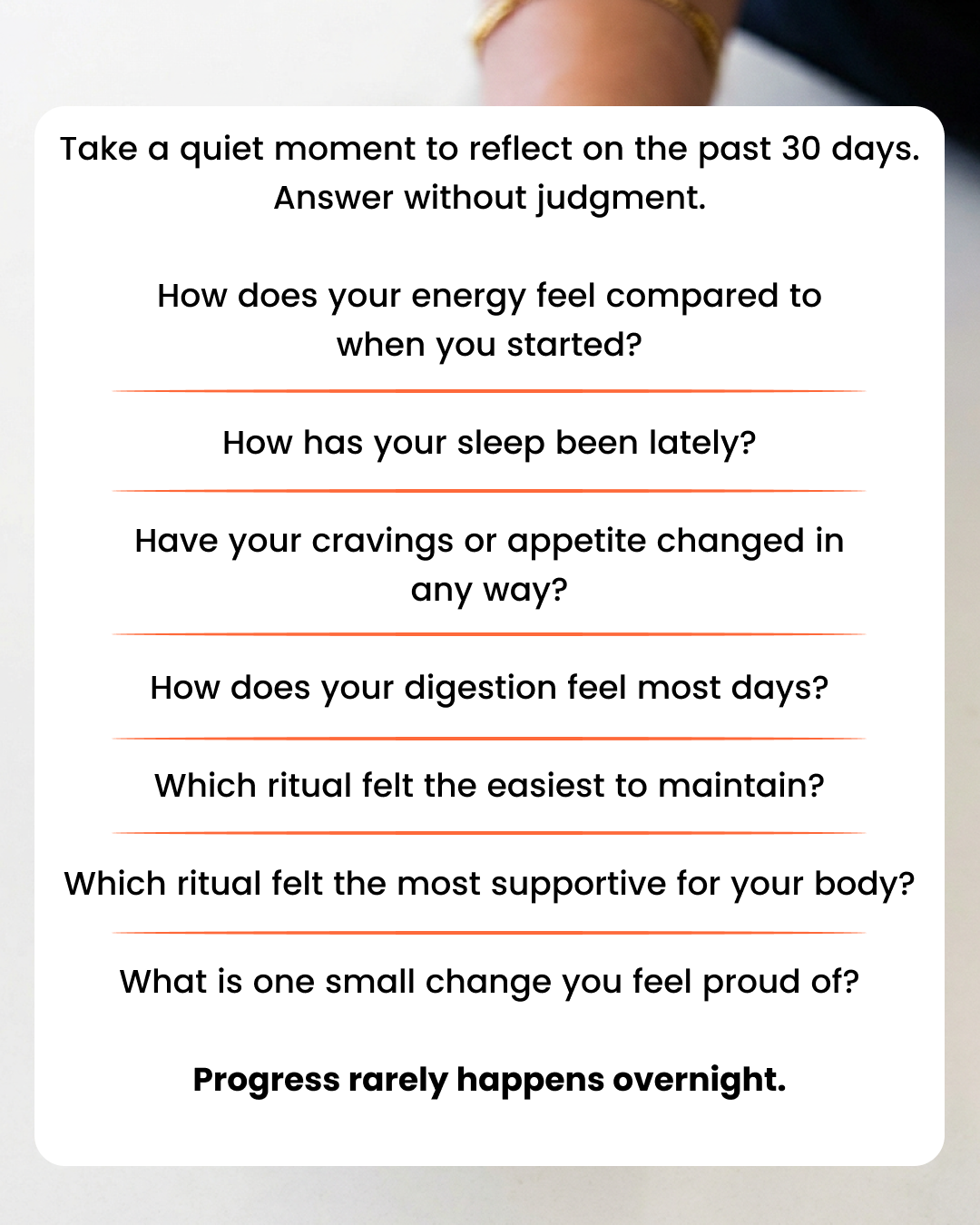 A graphic with a list of self-reflection questions about health and wellness over the past 30 days.