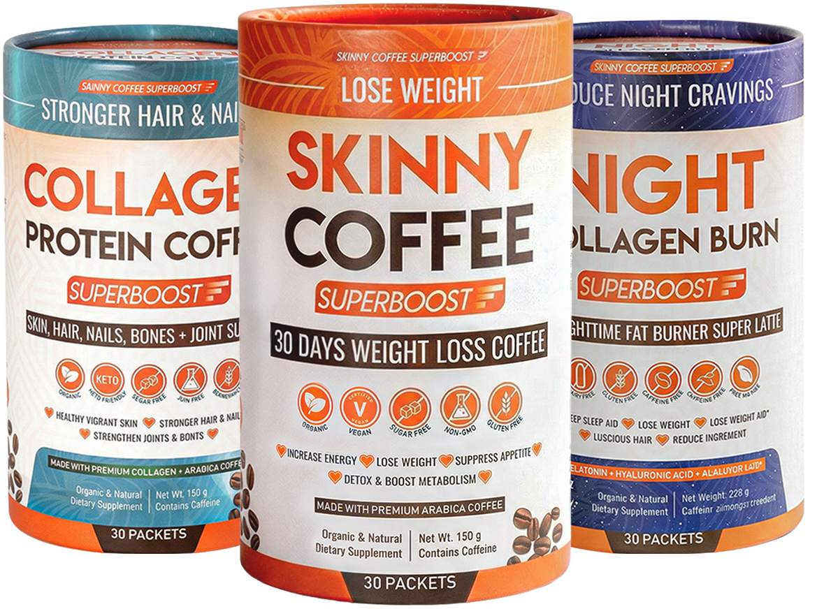 Three cylindrical containers of Skinny Coffee Superboost products: Collagen, Weight Loss, and Night Collagen Burn.