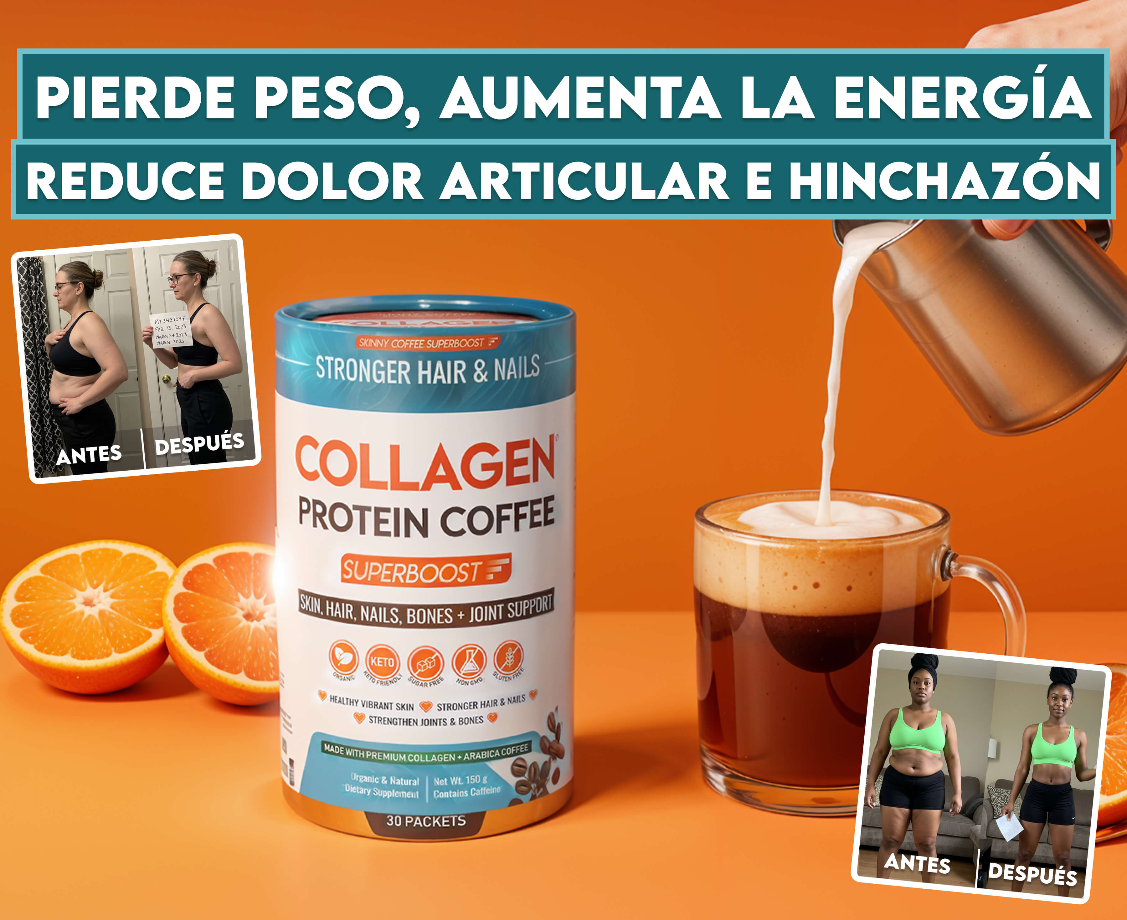Collagen protein coffee with before-and-after weight loss photos and text in Spanish.
