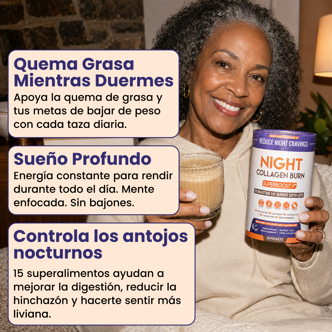 A smiling woman holds a frothy drink and a container of Night Collagen Burn supplement.