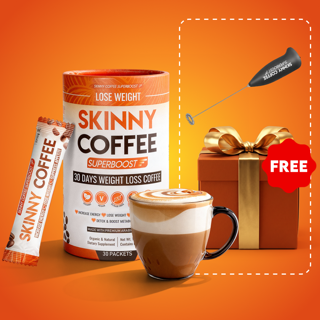 Night Collagen Burn products next to a latte, with a free gift of a milk frother and box.