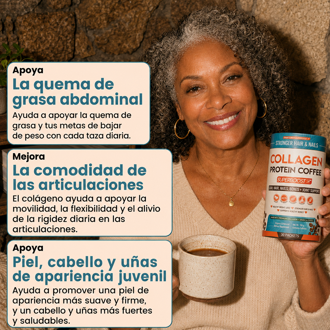 A woman smiles, holding a mug and a container of Collagen Protein Coffee.