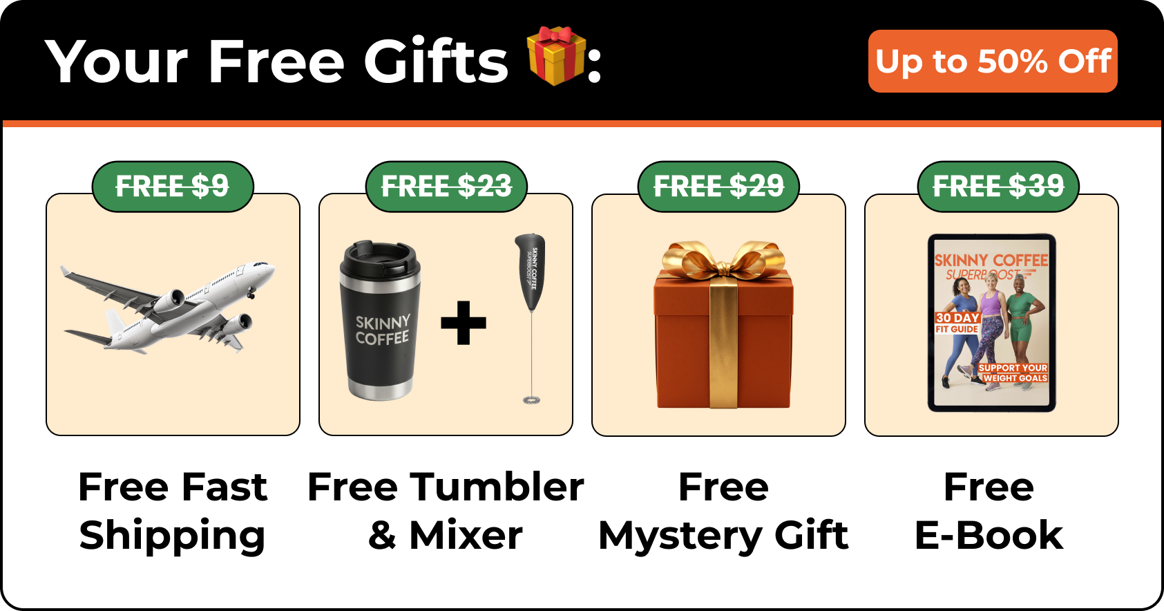 Promotional banner advertising free gifts: fast shipping, tumbler & mixer, mystery gift, and an e-book.