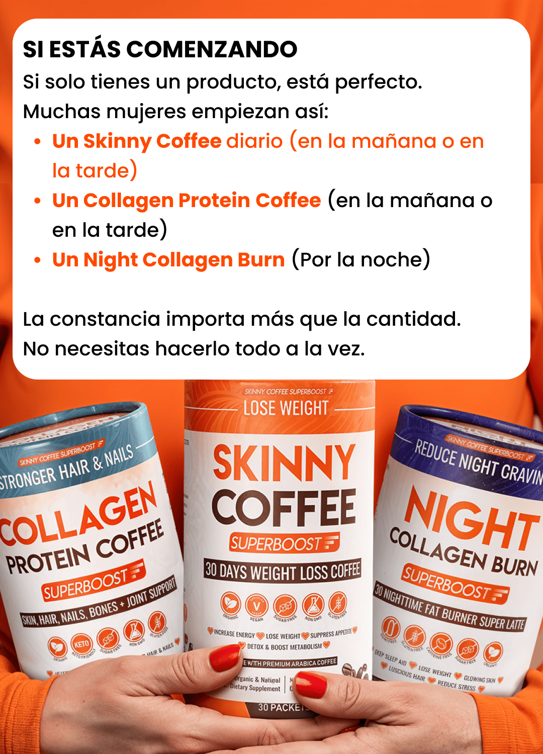 A person holds three containers of Skinny Coffee Superboost supplements against an orange background with Spanish text.