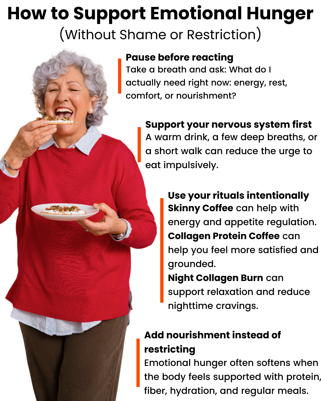 An infographic on emotional hunger, featuring a smiling woman in a red sweater eating a cracker.