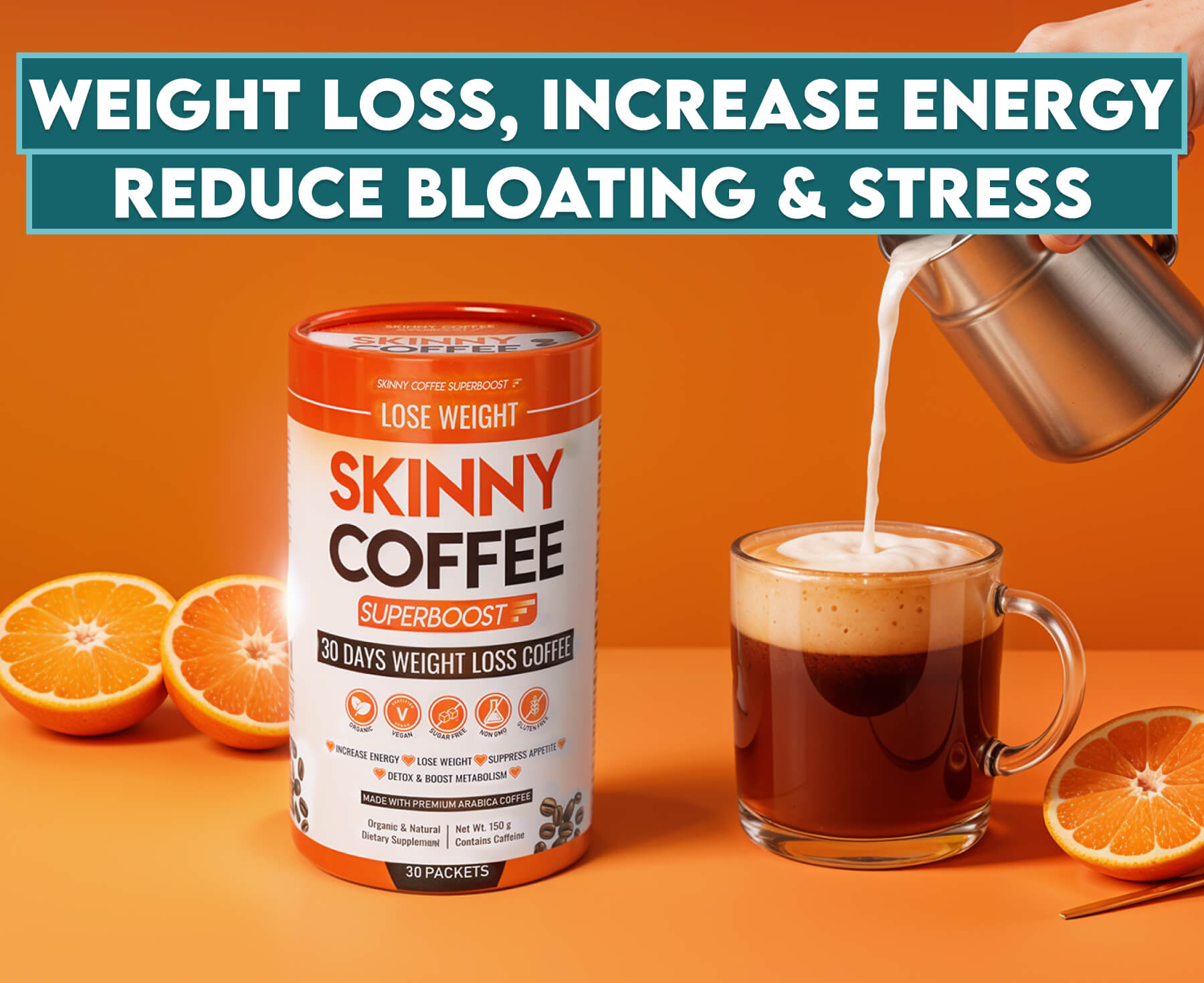 Skinny Coffee container, glass of coffee, and orange slices on orange background.