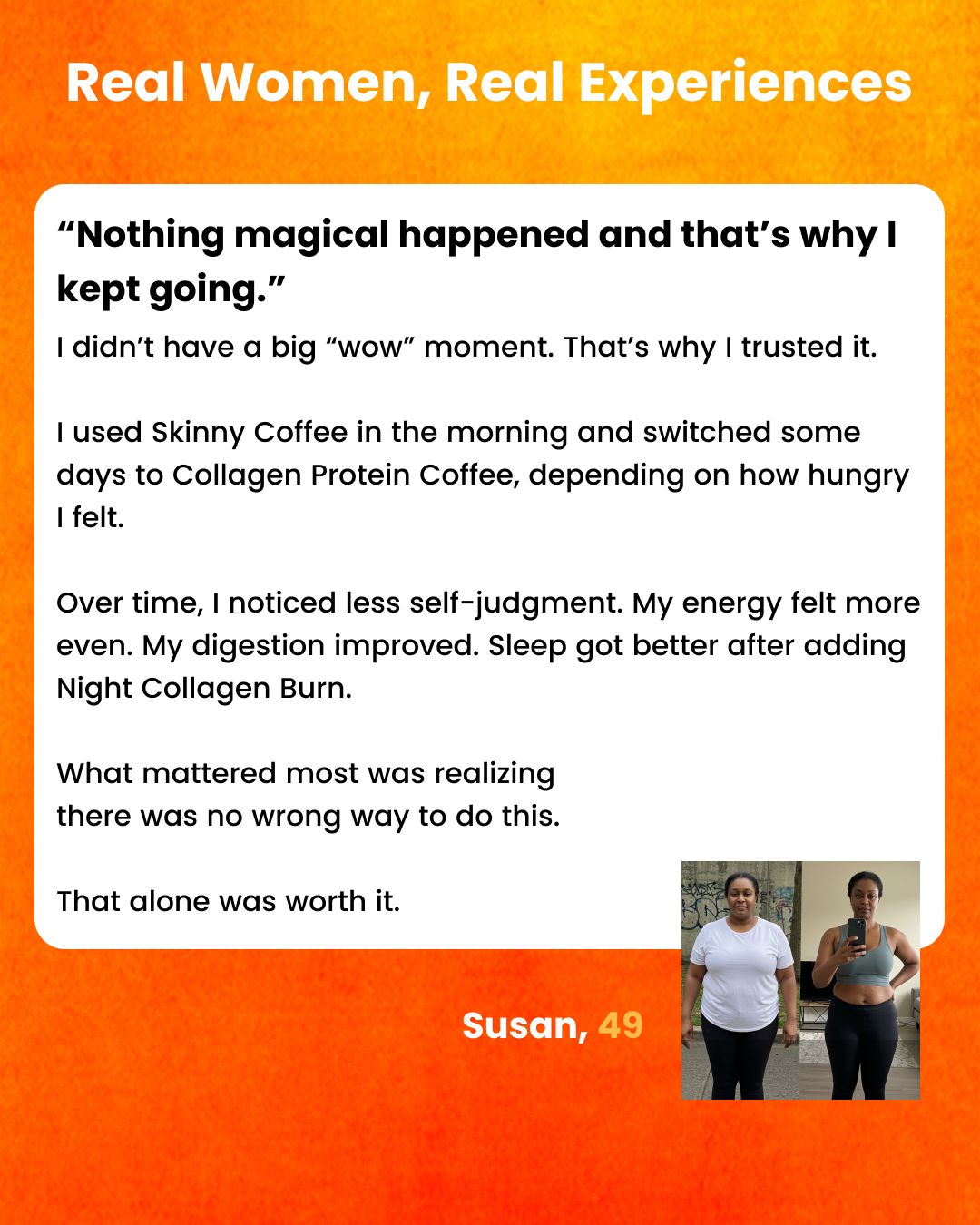 A testimonial graphic from Susan, 49, with her quote and before-and-after photos showing her body transformation.