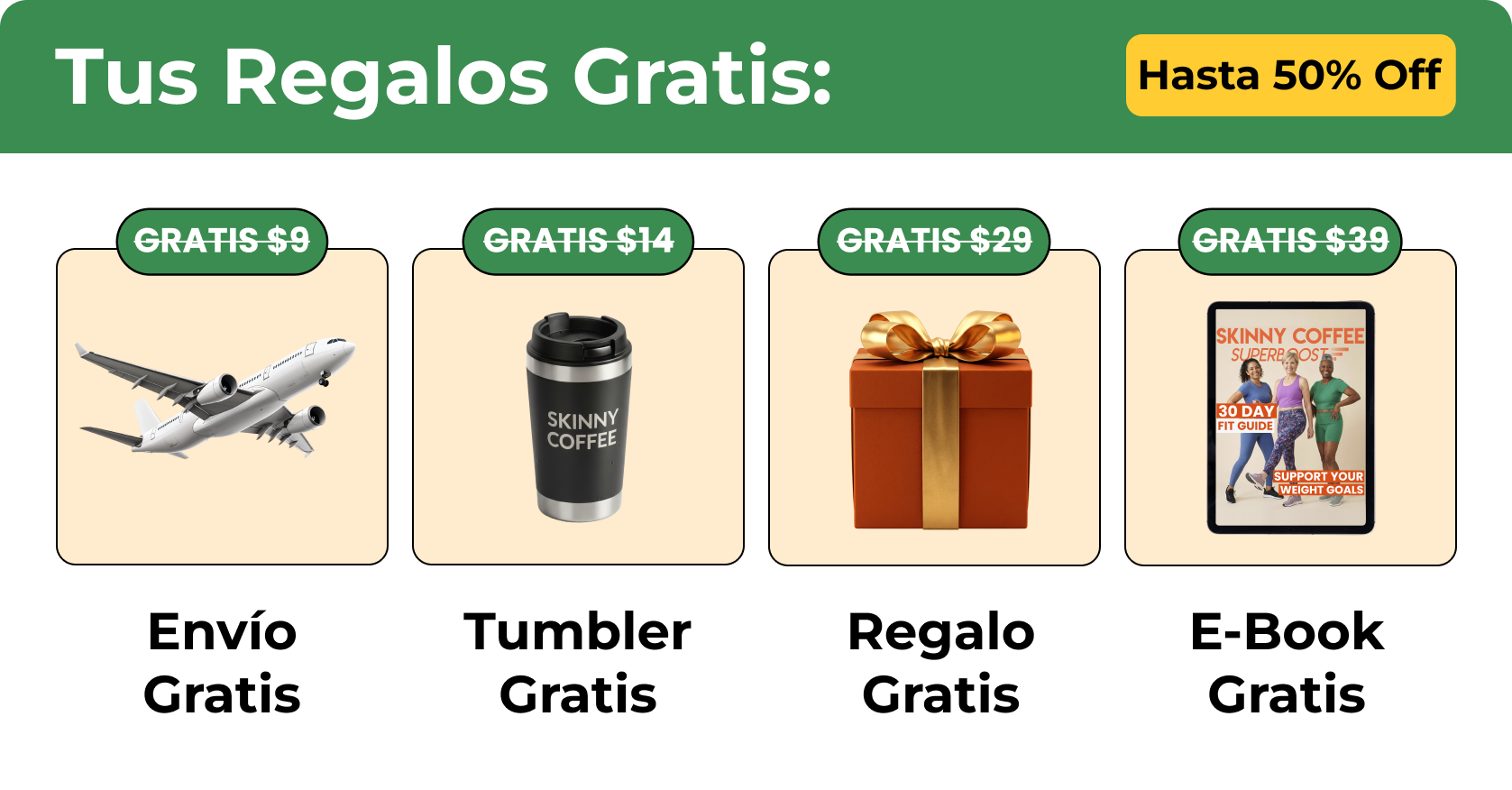 A promotional banner in Spanish advertising free gifts: shipping, a tumbler, a gift box, and an e-book.
