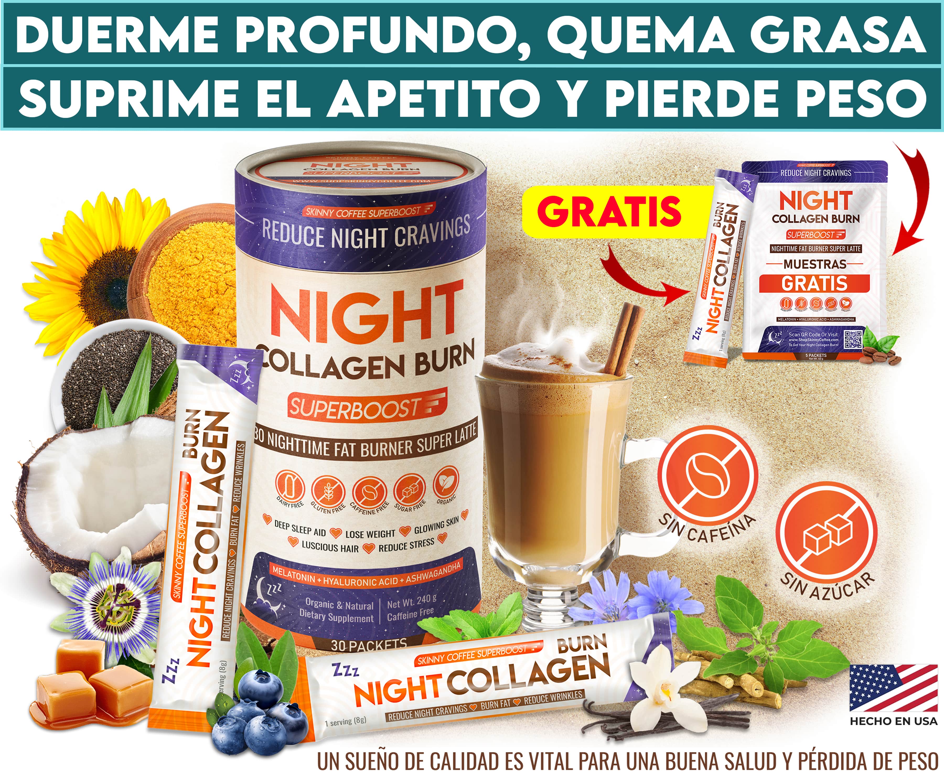 Collagen supplement packaging with coffee, flowers, and promotional text in Spanish.