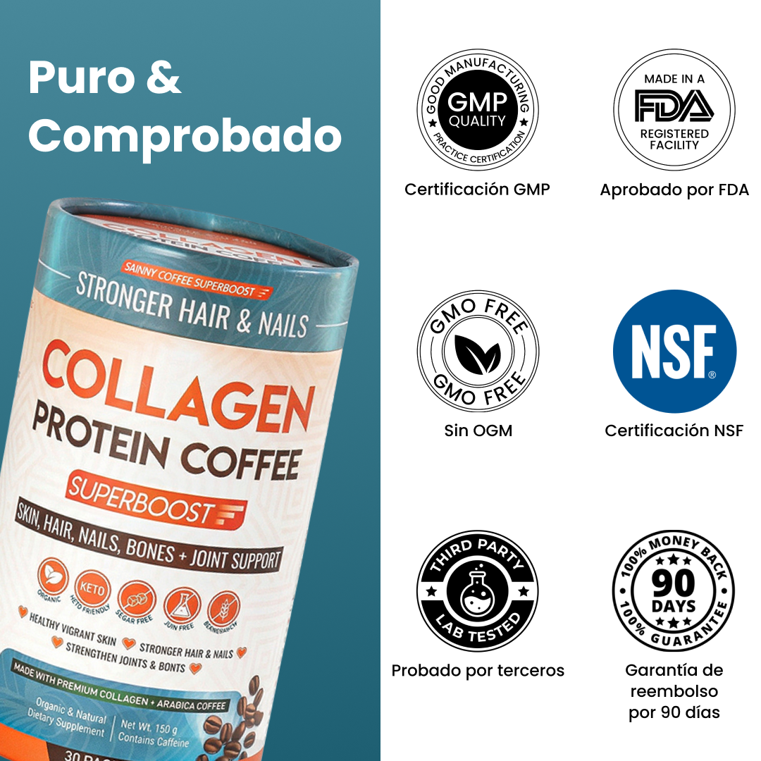 A container of Collagen Protein Coffee next to certification badges for GMP, FDA, GMO-Free, NSF, and more.