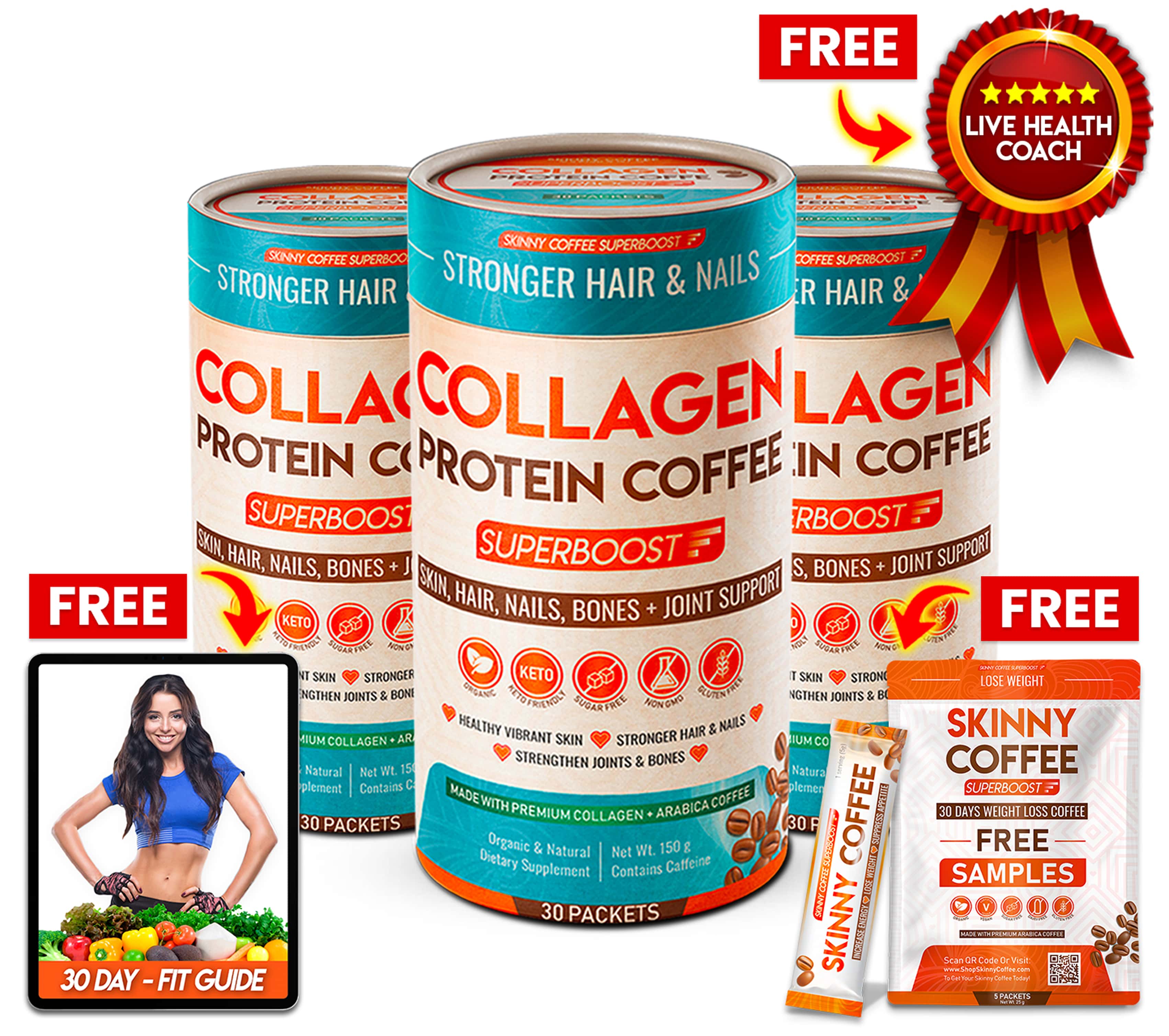 Collagen protein coffee cans with free samples and fitness guide.