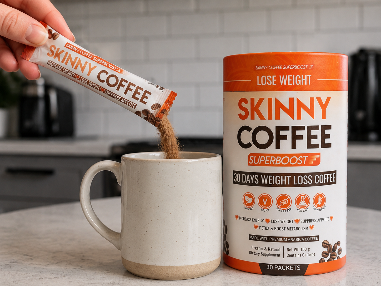 A hand pours a packet of Skinny Coffee powder into a mug, with the container next to it.