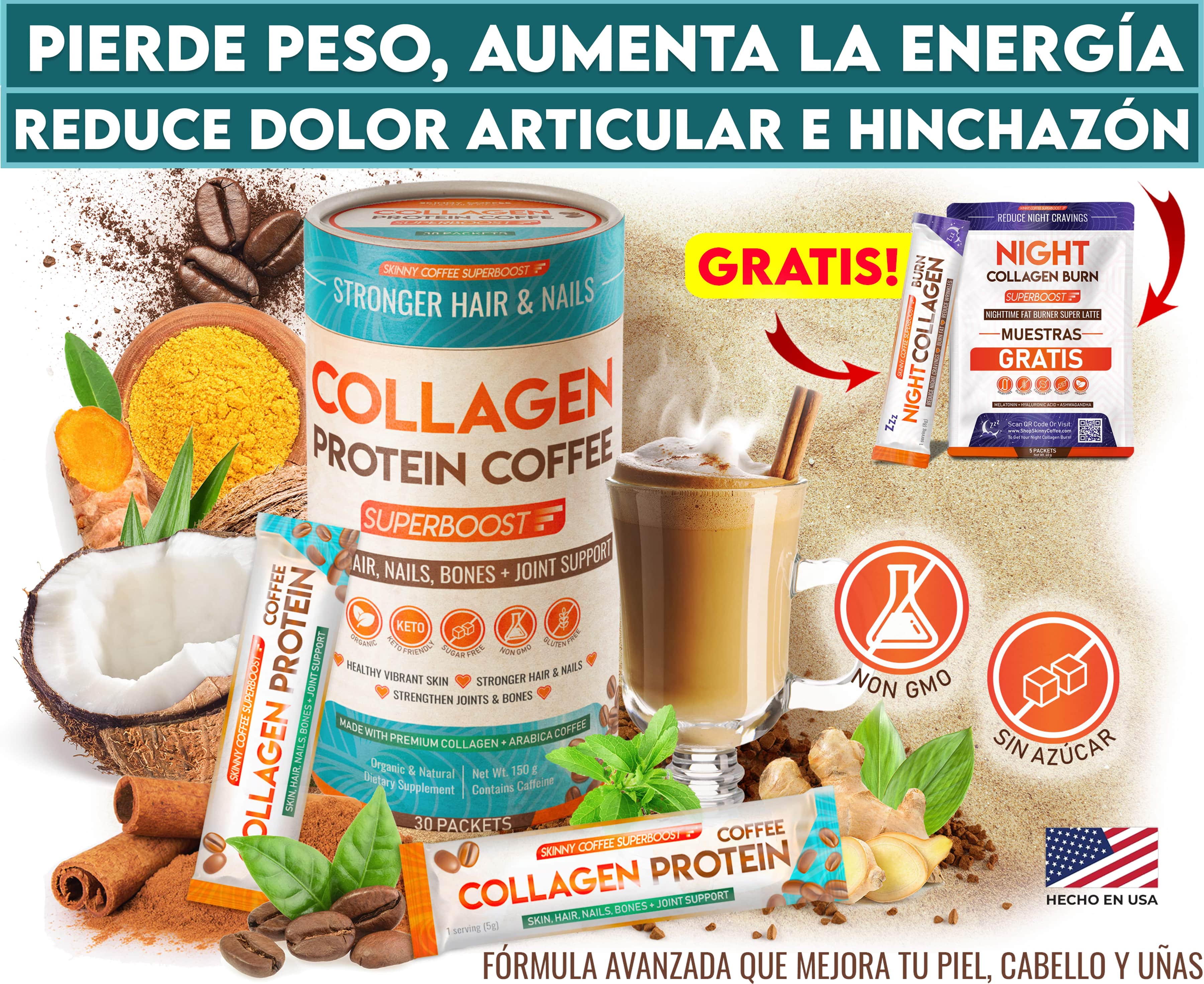 'Collagen Protein Coffee with 2 sachets, a cappuccino on the side, ginger, cinnamon, turmeric, and mint behind.