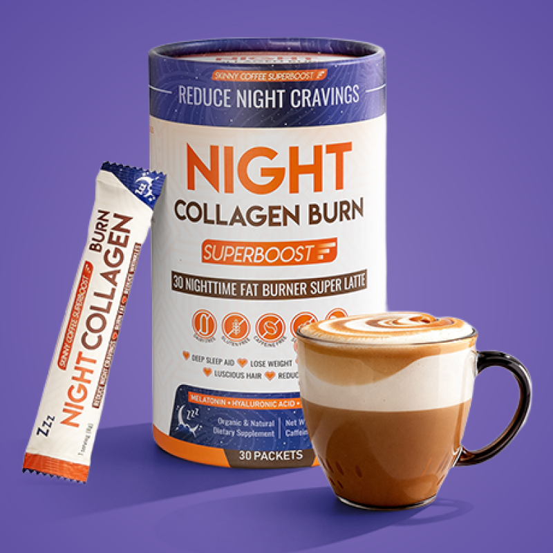A container and packet of Night Collagen Burn Superboost next to a frothy latte in a glass mug.