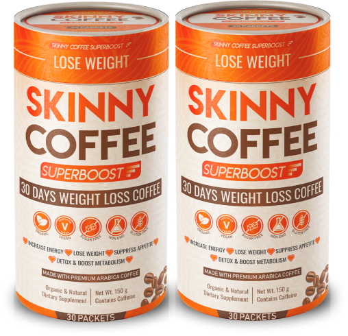 Two canisters of Skinny Coffee Superboost, a 30-day weight loss dietary supplement, against a black background.