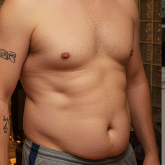 A shirtless man with tattoos on his arm, standing indoors.