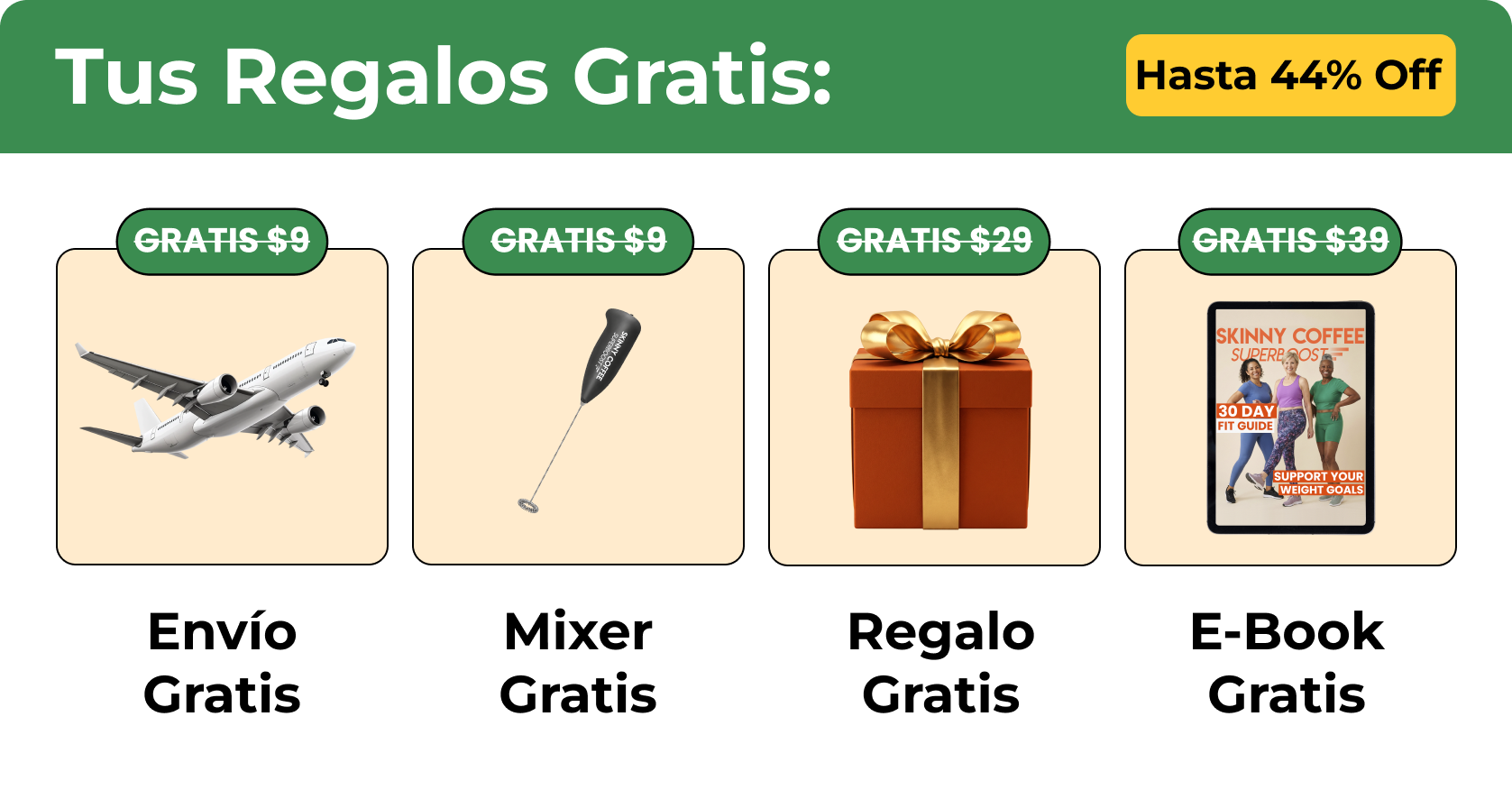A promotional banner in Spanish advertising four free gifts: shipping, a mixer, a gift, and an e-book.