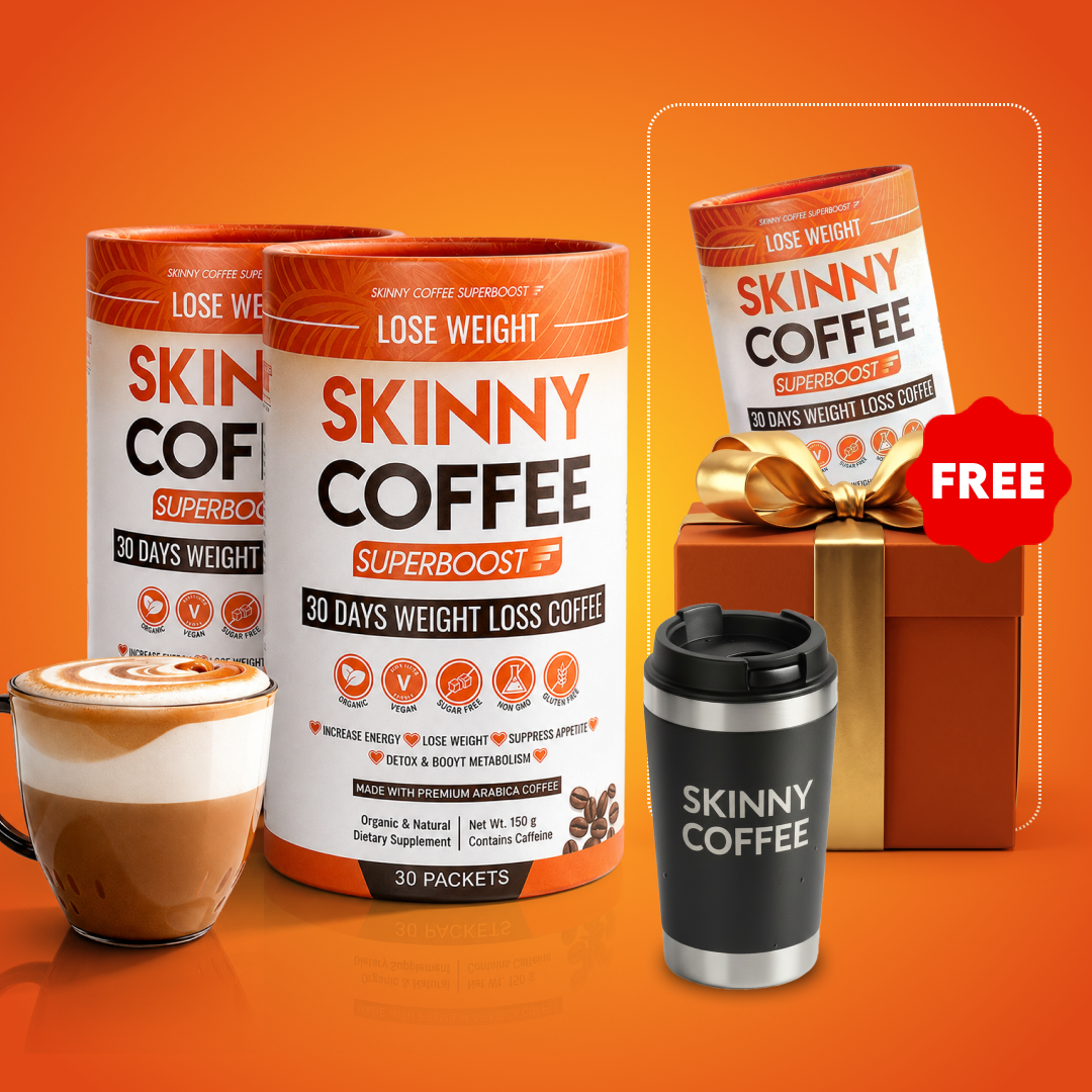 An advertisement for Skinny Coffee showing product containers, a travel mug, a prepared coffee, and a gift box.