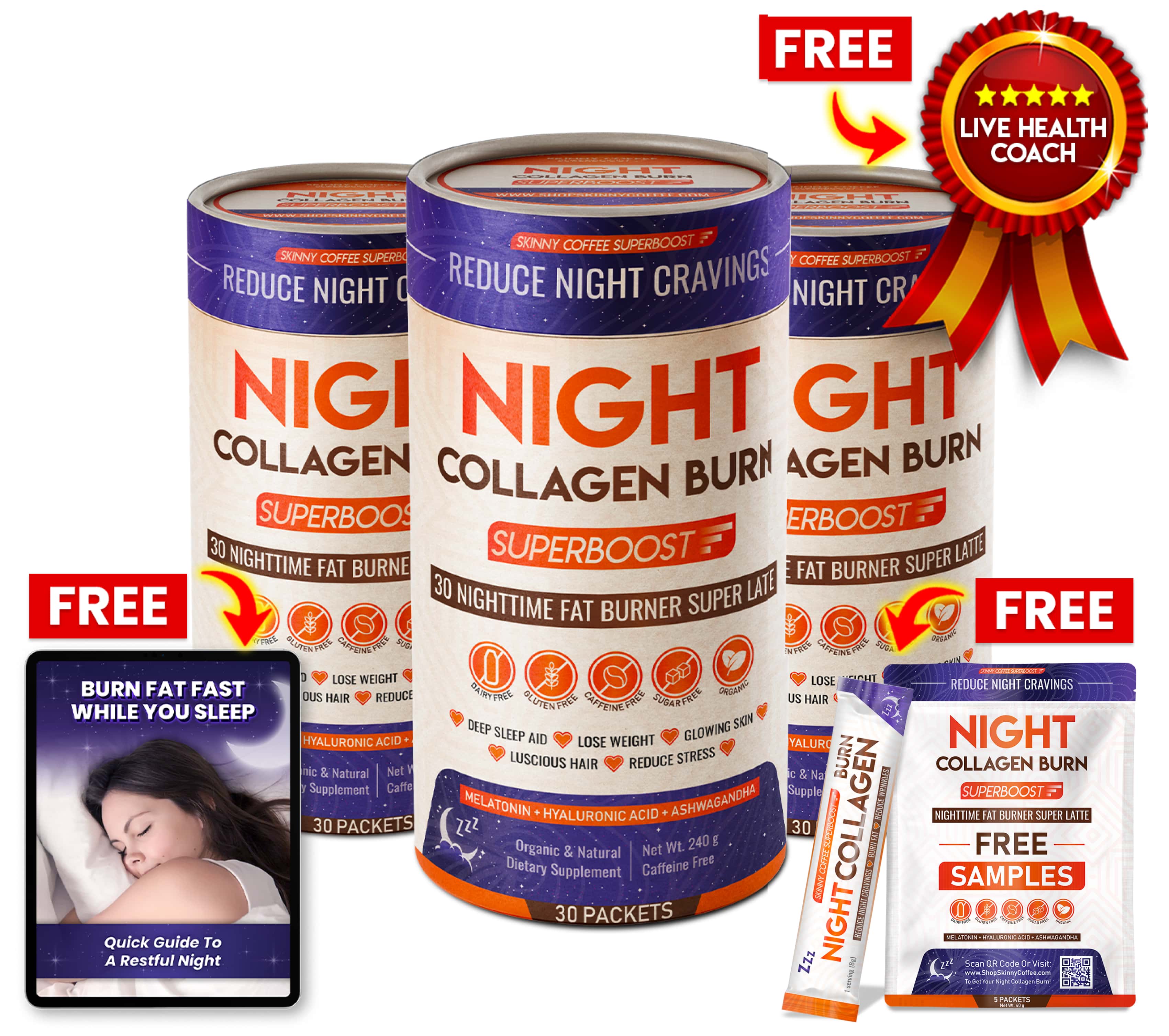 Oferta de 3 Night Collagen Burn + Muestra Gratis de Skinny Coffee