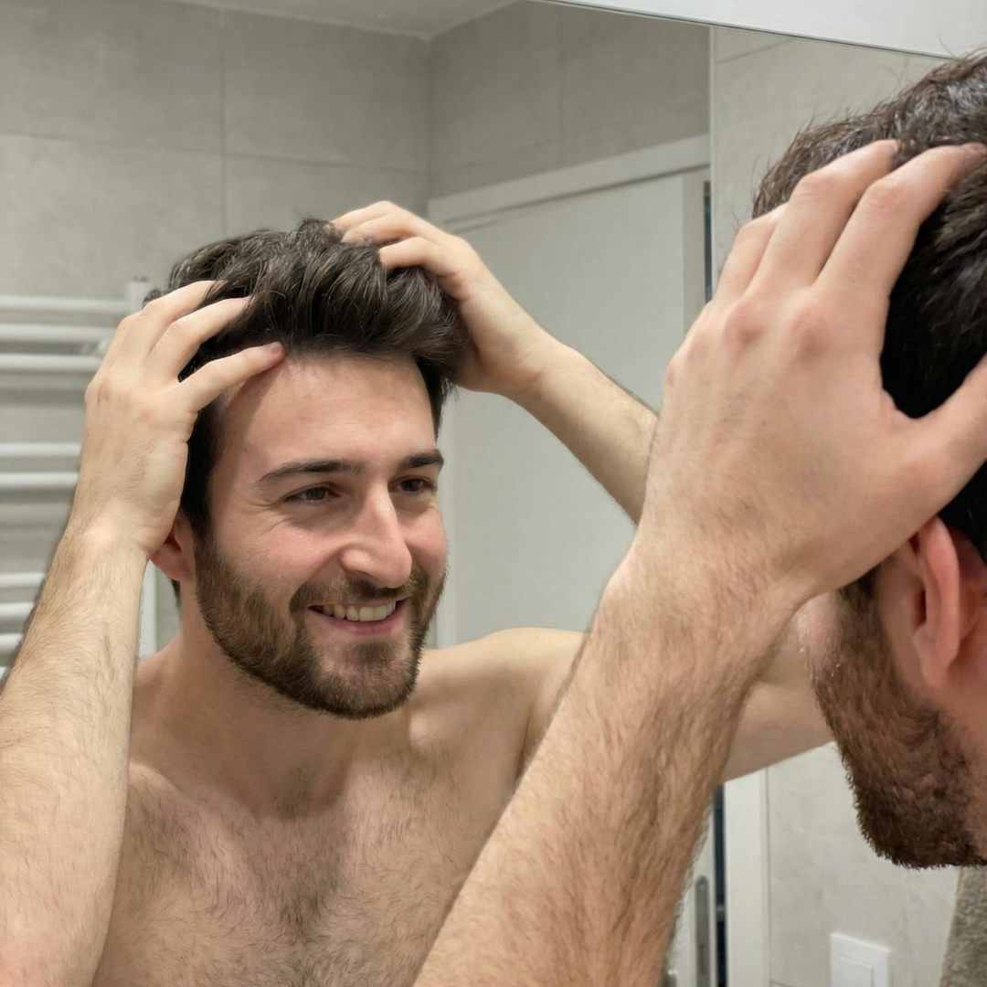 A smiling, shirtless man with a beard looks in a mirror and runs his hands through his hair.