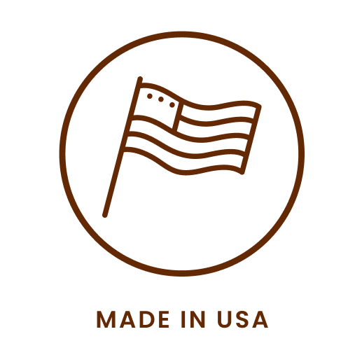 A brown line icon of a waving American flag in a circle, with the text 'MADE IN USA' below.