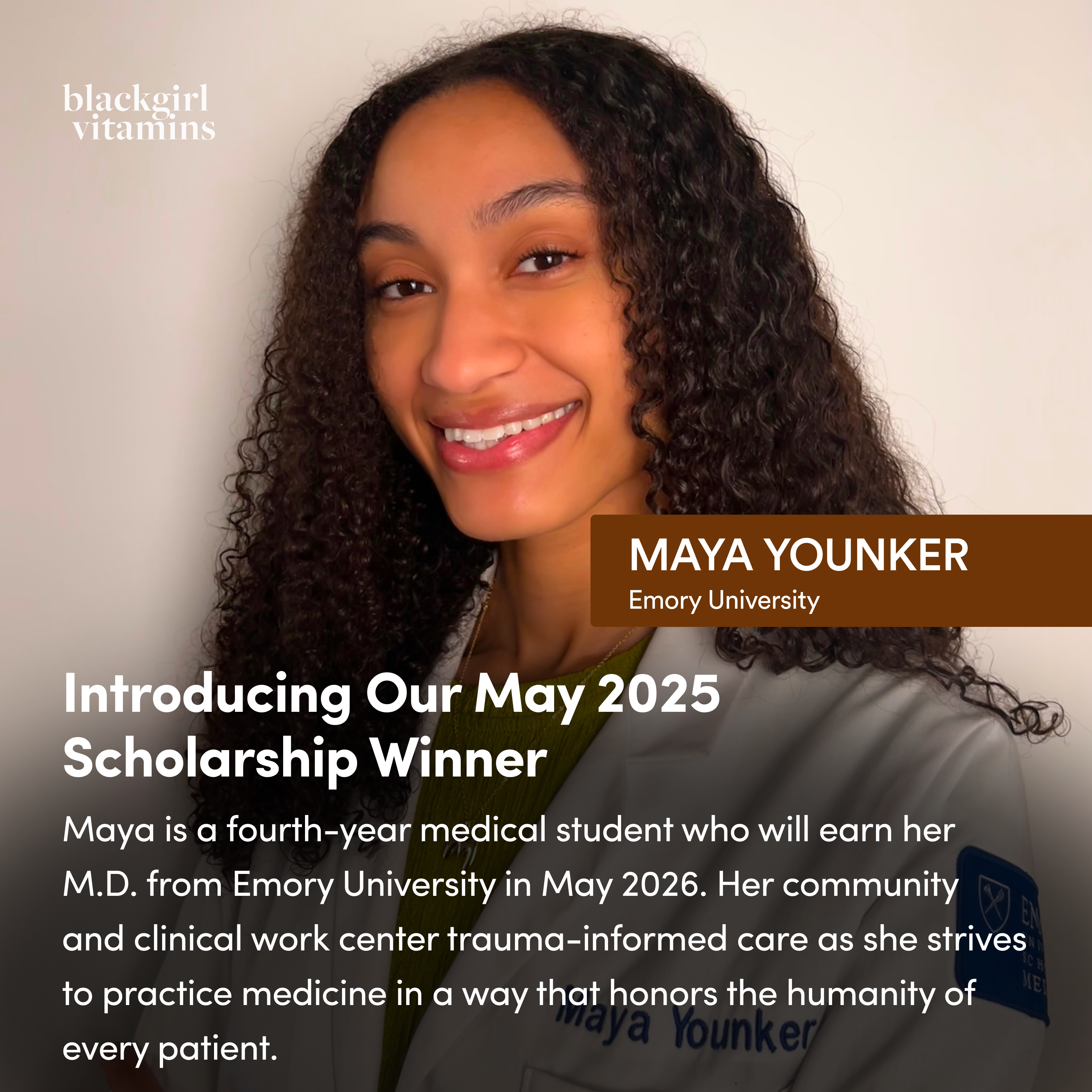 Smiling woman in a white coat with text about a scholarship winner.