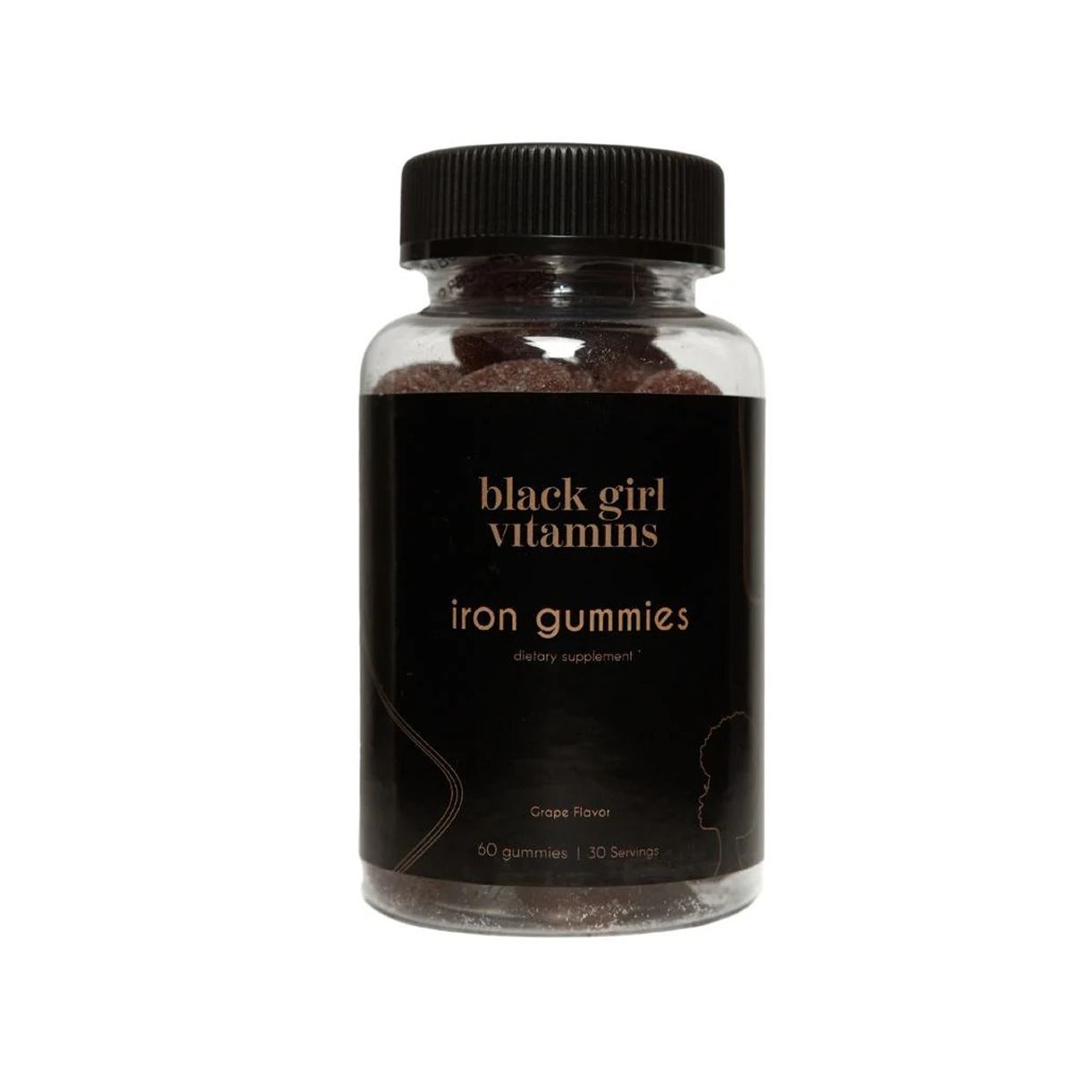 A clear bottle of Black Girl Vitamins Iron Gummies with a black label against a white background.